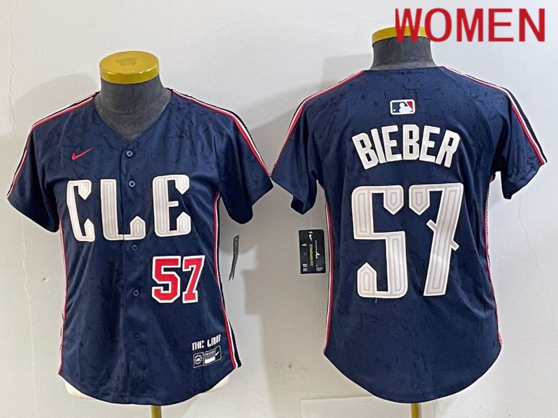 Women Cleveland Indians #57 Bieber Blue City Edition Nike 2024 MLB Jersey style 3->women mlb jersey->Women Jersey